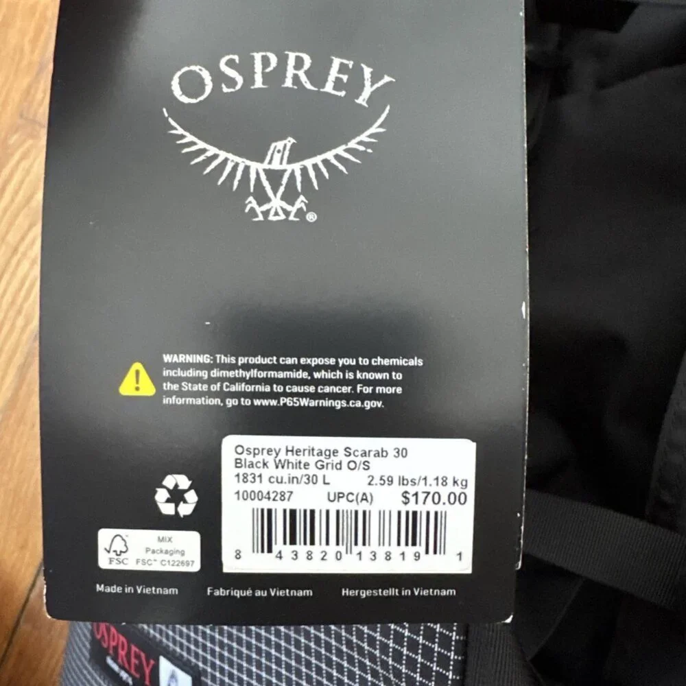 Osprey Heritage Scarab 30L Black and White Grid One Size Backpack Everyday